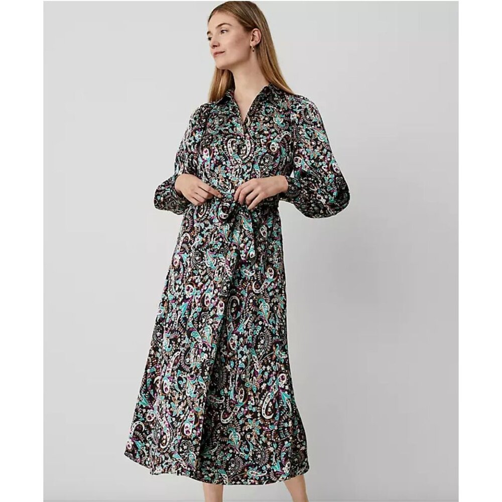 Ann Taylor Petite Floral Belted Shirt dress Black easter dress 6 new- Sold out